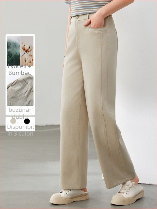 Pantaloni femei Lyocell (Tencel) drepti, talie elastică, 50–70% conținut Lyocell, stil office, grosime moderată