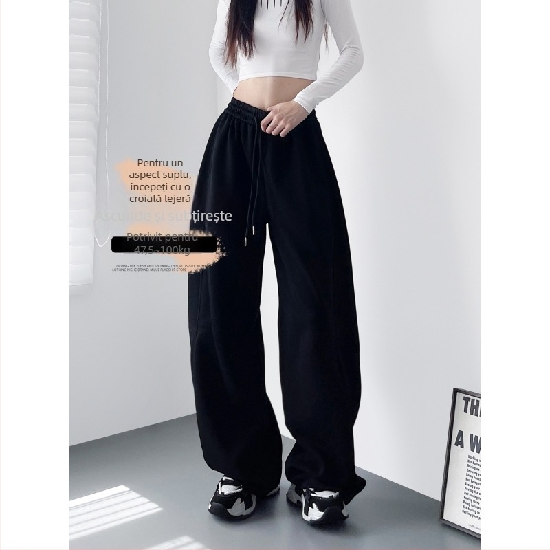 Pantaloni largi pentru femei, talie înaltă, lungime 5/4, material din bumbac-poliester cu elastan, micro-elastic, ținută casual de toamnă