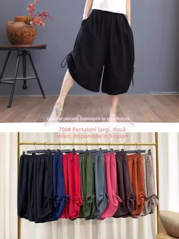 Culotte pentru femei croppate, largi, vară, material Ice Silk, ușoare, talie înaltă cu bandă elastică, stil relaxat japono-coreean