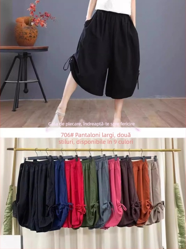 Culotte pentru femei croppate, largi, vară, material Ice Silk, ușoare, talie înaltă cu bandă elastică, stil relaxat japono-coreean
