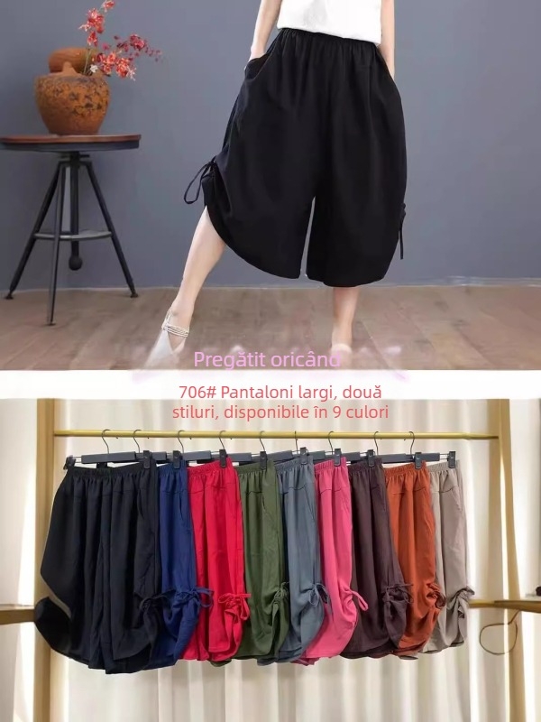 Culotte pentru femei croppate, largi, vară, material Ice Silk, ușoare, talie înaltă cu bandă elastică, stil relaxat japono-coreean