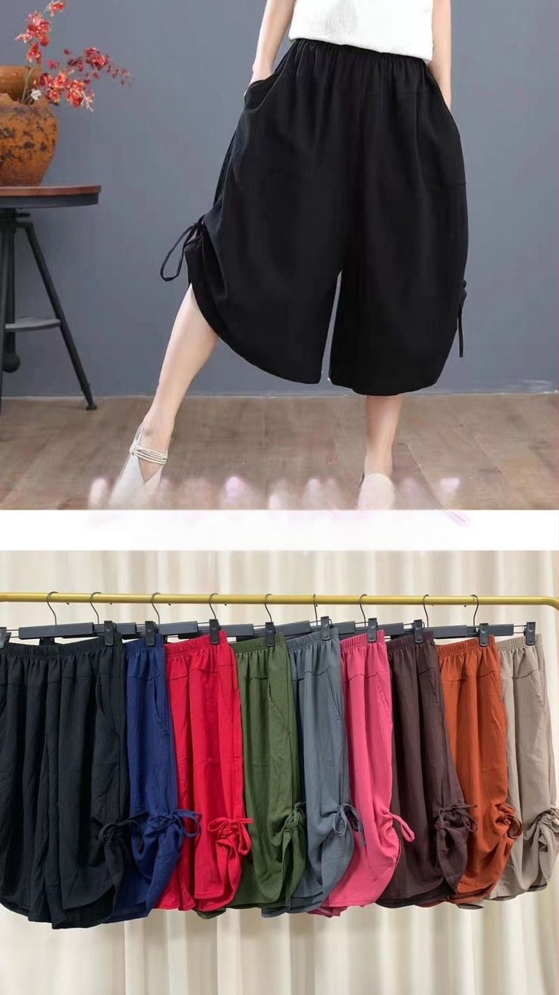 Culotte pentru femei croppate, largi, vară, material Ice Silk, ușoare, talie înaltă cu bandă elastică, stil relaxat japono-coreean