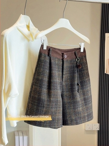 Pantaloni femei din lână cu carouri, croială largă, lungime 3/4, talie înaltă, groși, iarna 2025, stil casual japonez/coreean