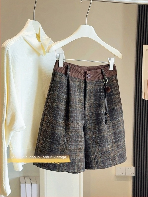 Pantaloni femei din lână cu carouri, croială largă, lungime 3/4, talie înaltă, groși, iarna 2025, stil casual japonez/coreean