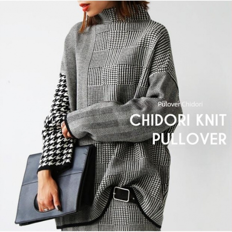 Pulover tricotat pentru femei, cu guler înalt, gros, croială lejeră, design patchwork, din fibră acrilică 95%+