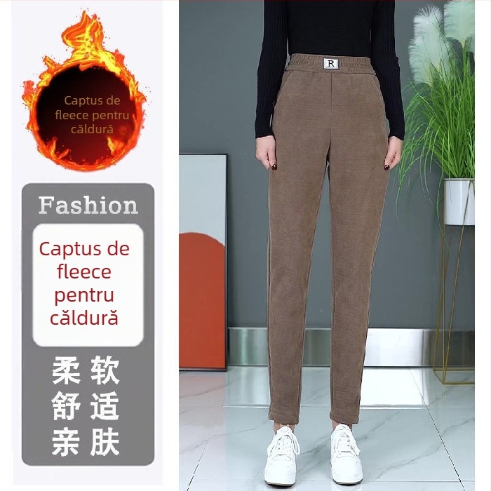Pantaloni dama talie înaltă, velur fleece, croială creion, amestec poliester 80–90%, buzunare în stil coreean
