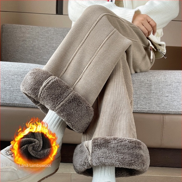 Pantaloni femei Chenille cu fleece, croială dreaptă, talie elastică, iarnă groasă, casual