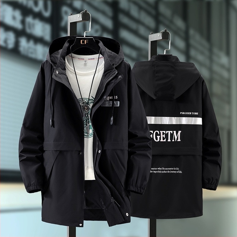 Palton trench pentru bărbați, lungime medie, guler cu stand, fermoar, material ușor din poliester, pentru toamnă.