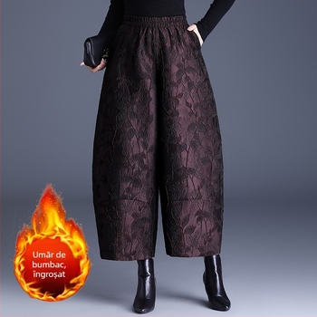 Pantaloni largi pentru femei, jacquard gravat, croială lejeră, talie medie-înaltă, lungime 9/10, țesătură țesută