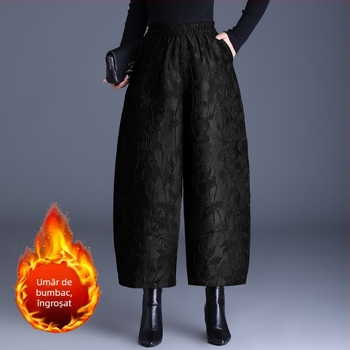 Pantaloni largi pentru femei, jacquard gravat, croială lejeră, talie medie-înaltă, lungime 9/10, țesătură țesută