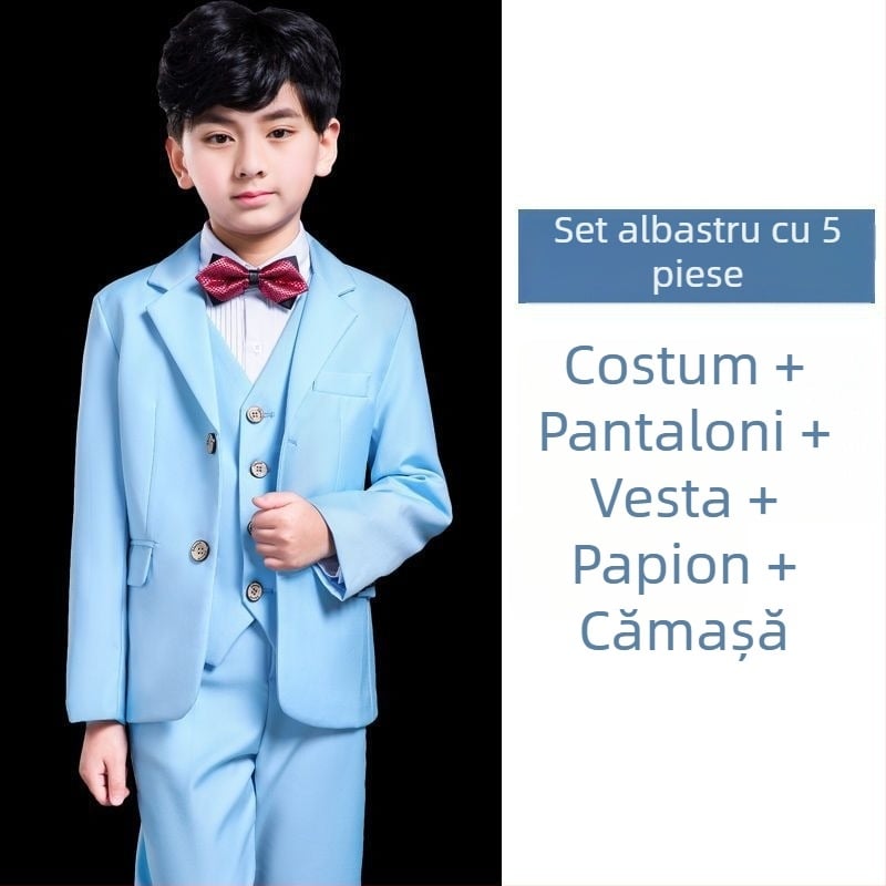 Costum formal pentru copii, stil britanic, croială slim-fit, din in, sacou cu nasturi pe un rând