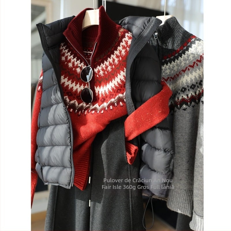 Pulover damă din lână pură, jacquard, guler polo, mâneci lungi, croială lejeră