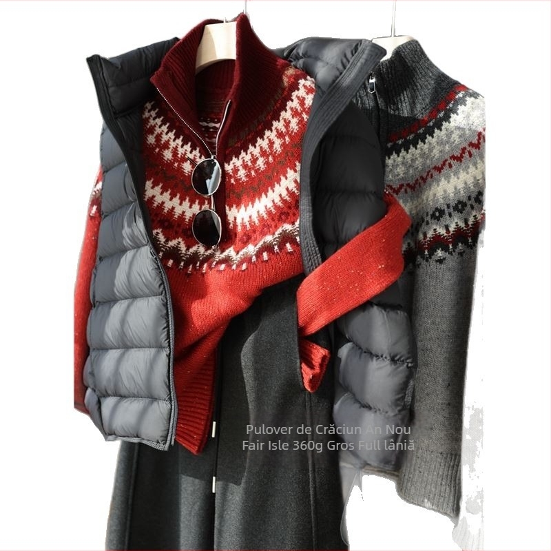 Pulover damă din lână pură, jacquard, guler polo, mâneci lungi, croială lejeră