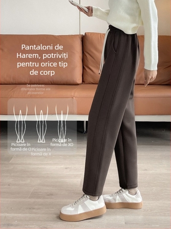 Pantaloni harém pentru femei, căptușiți cu fleece, groși și calzi, din amestec poliester-spandex, microelasticitate