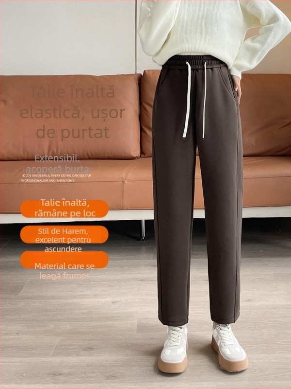 Pantaloni harém pentru femei, căptușiți cu fleece, groși și calzi, din amestec poliester-spandex, microelasticitate