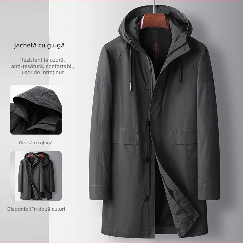 Palton masculin cu glugă, lungime 80–100 cm, închidere cu nasturi, guler înalt, țesătură poliesterică cu căptușeală poliester
