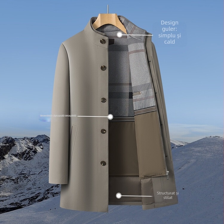 Palton de iarnă pentru bărbați, guler înalt, închidere cu nasturi, lungime medie, croială mulată, țesătură din poliester, buzunare laterale