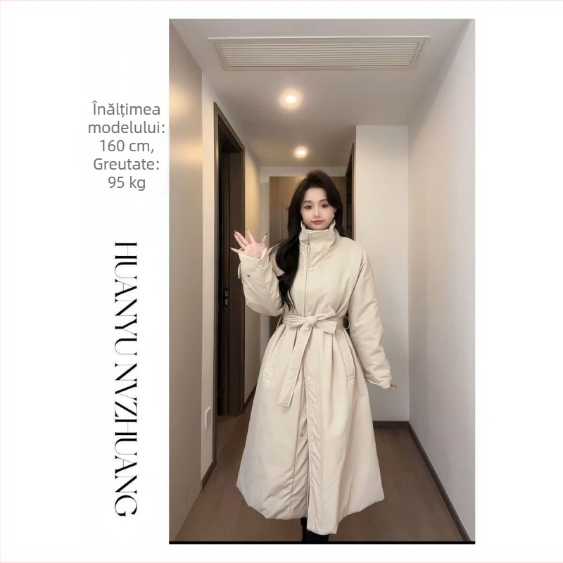 Geacă în stil coreean, lungime medie, guler stand, material bumbac-amestec, croială A-line, lung