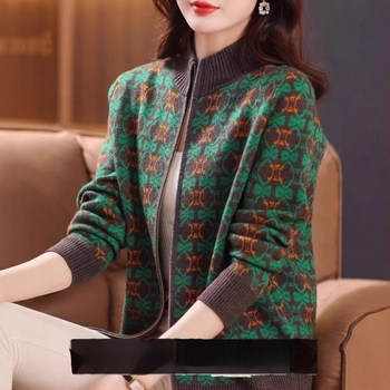 Cardigan damă din poliester cu fermoar, guler polo, croială lejeră, mâneci lungi