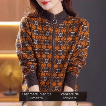 Cardigan damă din poliester cu fermoar, guler polo, croială lejeră, mâneci lungi