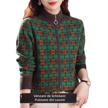 Cardigan damă din poliester cu fermoar, guler polo, croială lejeră, mâneci lungi