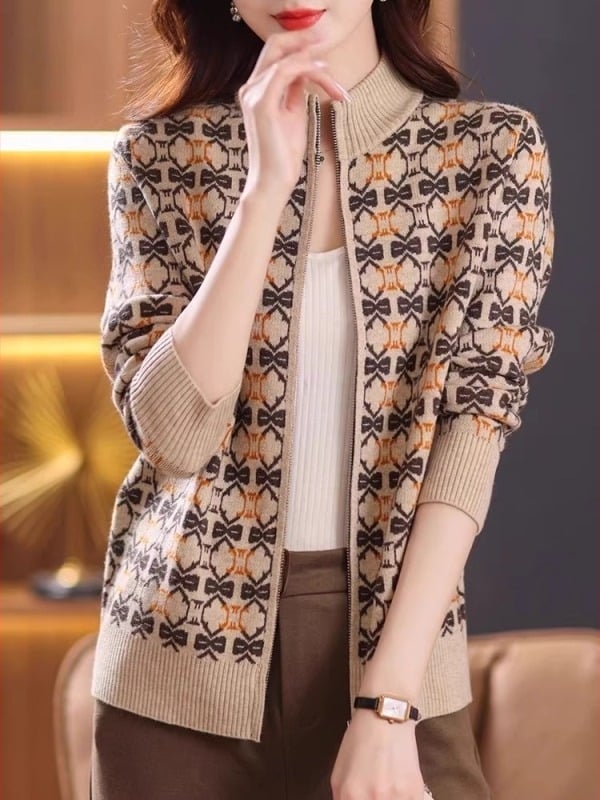 Cardigan damă din poliester cu fermoar, guler polo, croială lejeră, mâneci lungi