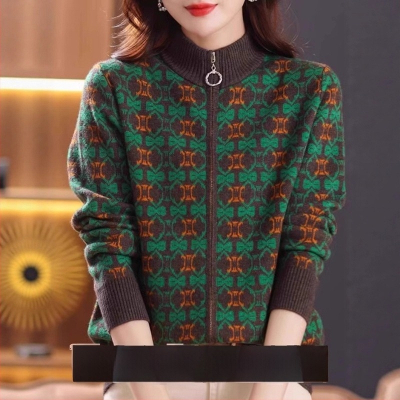 Cardigan damă din poliester cu fermoar, guler polo, croială lejeră, mâneci lungi