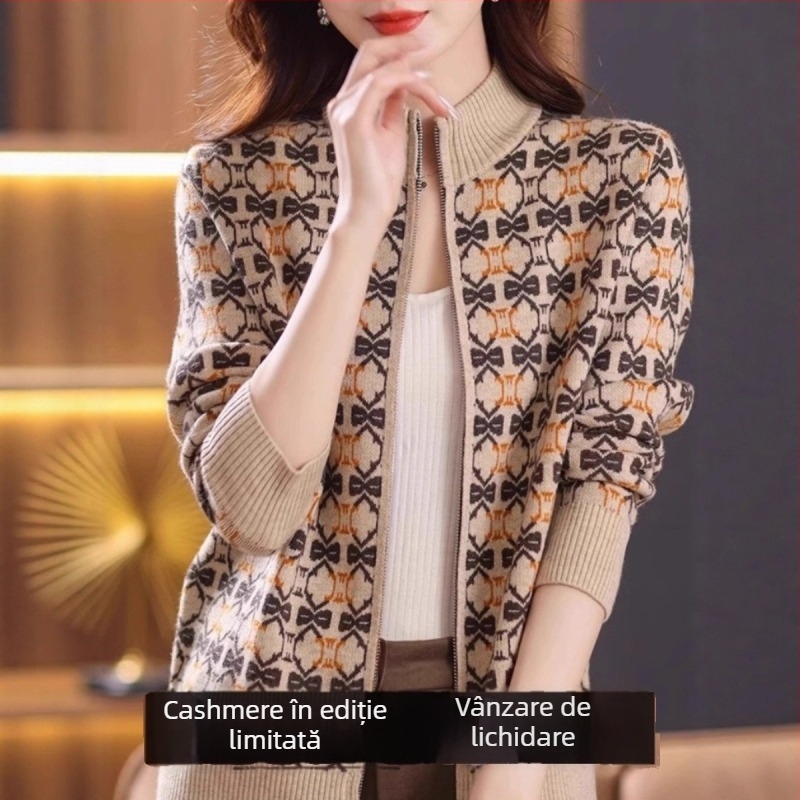 Cardigan damă din poliester cu fermoar, guler polo, croială lejeră, mâneci lungi