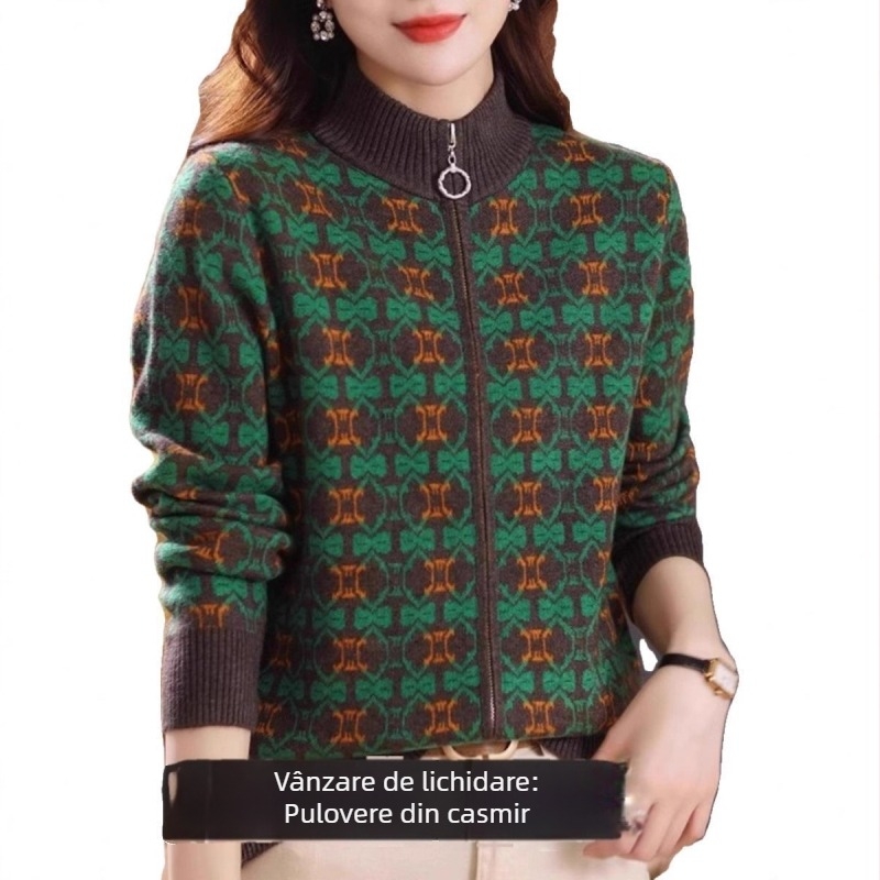 Cardigan damă din poliester cu fermoar, guler polo, croială lejeră, mâneci lungi