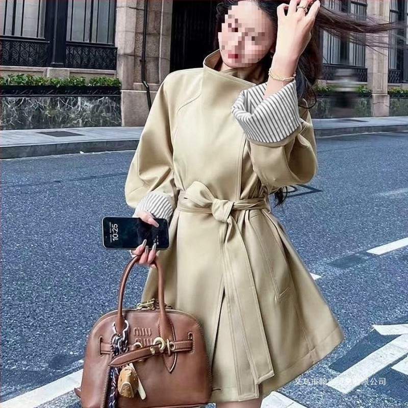 Palton trench mediu pentru femei de talie mică, croială lejeră, stil britanic, guler polo, mâneci prințese, primăvara 2025