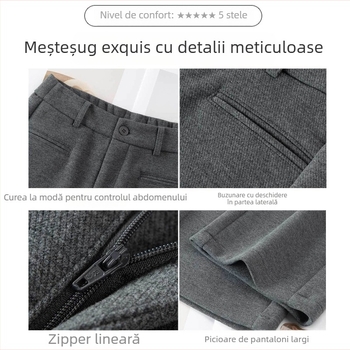 Pantaloni femei talie înaltă, croială dreptă din amestec lână-poliester, iarna 2025, stil casual