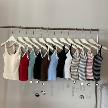 Camisolă din bumbac în stil coreean, cu dungi contrastante, croială slim, cu inserție pentru bust încorporată, lungime la talie