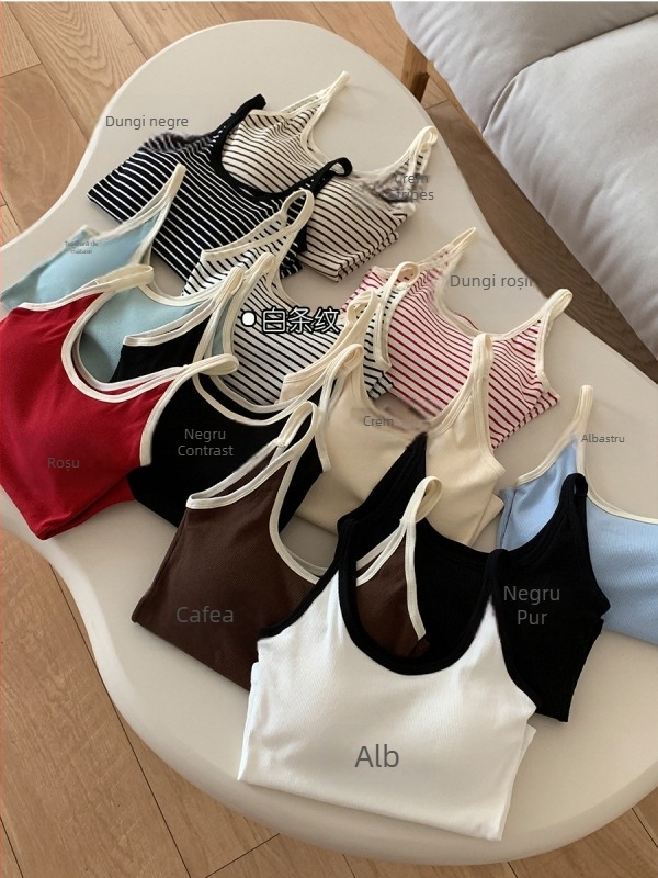 Camisolă din bumbac în stil coreean, cu dungi contrastante, croială slim, cu inserție pentru bust încorporată, lungime la talie