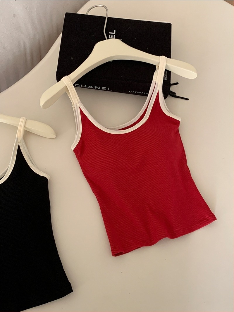 Camisolă din bumbac în stil coreean, cu dungi contrastante, croială slim, cu inserție pentru bust încorporată, lungime la talie