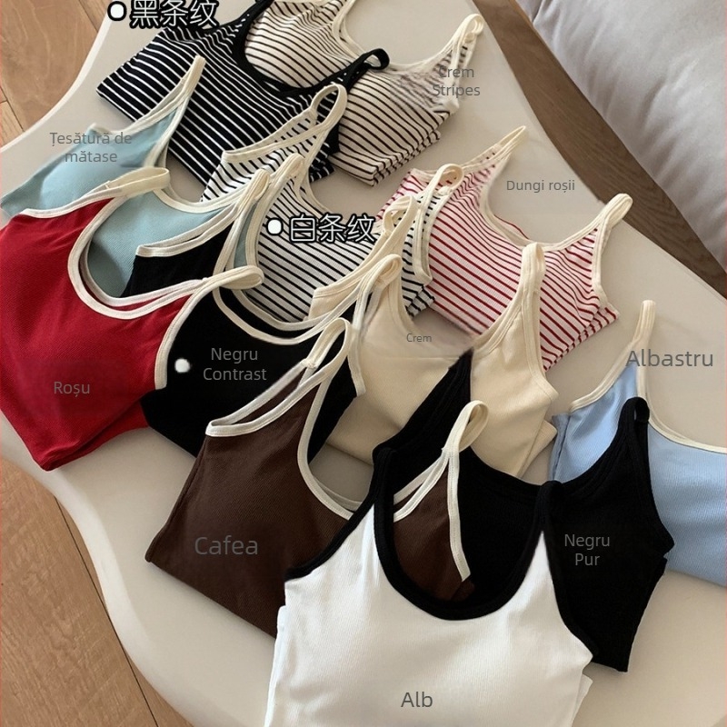 Camisolă din bumbac în stil coreean, cu dungi contrastante, croială slim, cu inserție pentru bust încorporată, lungime la talie