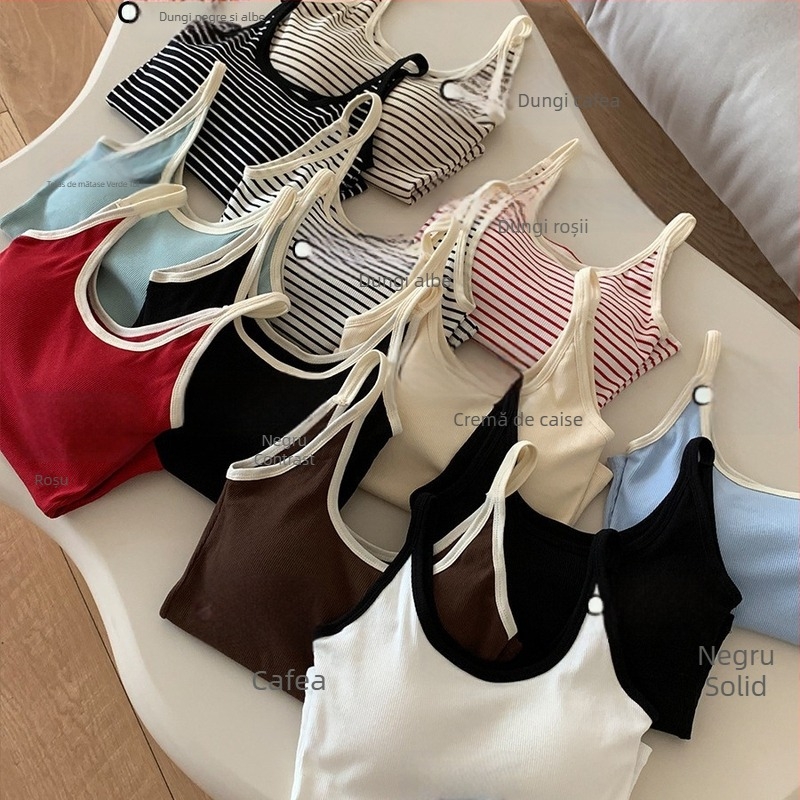 Camisolă din bumbac în stil coreean, cu dungi contrastante, croială slim, cu inserție pentru bust încorporată, lungime la talie