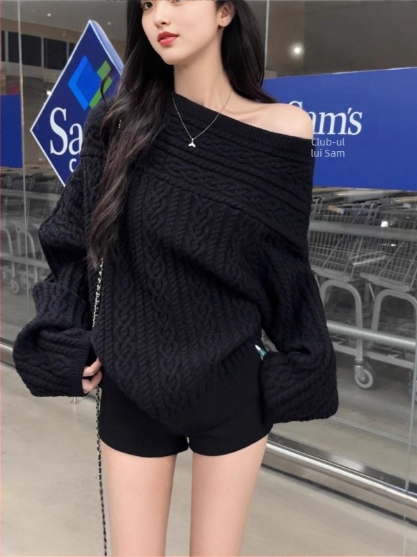 Pulover tricotat cu un umăr pentru femei - mâneci lungi, fibre acrilice, model solid, croială dreaptă