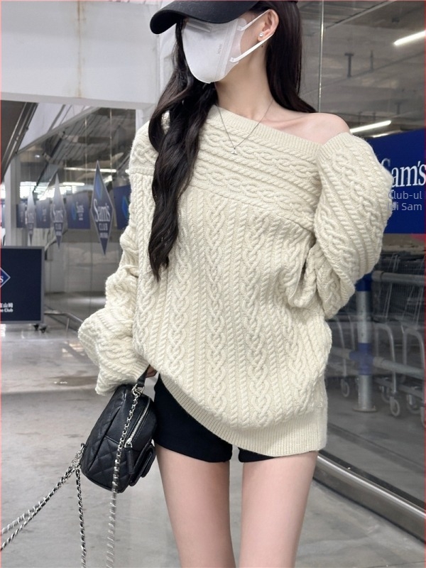 Pulover tricotat cu un umăr pentru femei - mâneci lungi, fibre acrilice, model solid, croială dreaptă