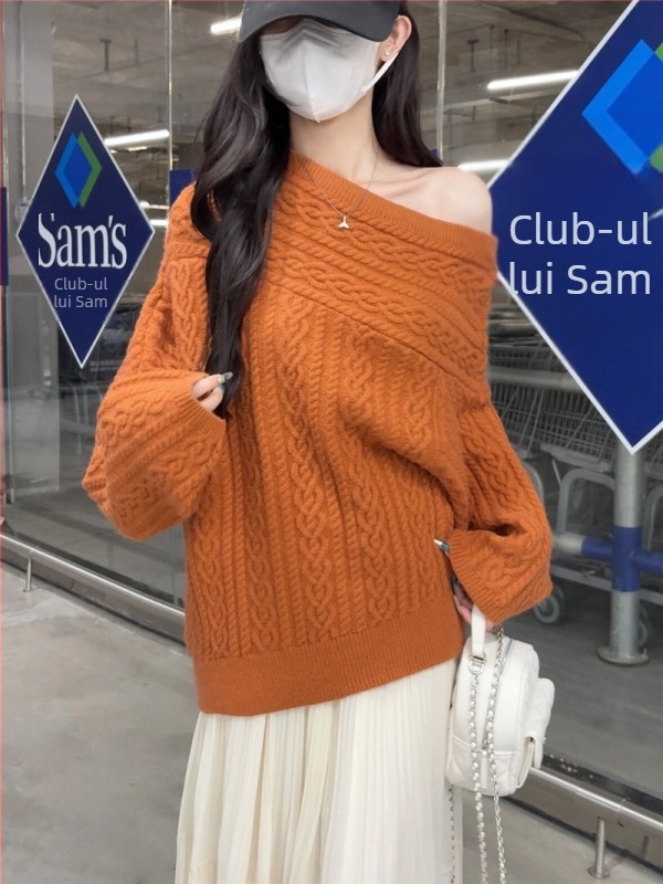 Pulover tricotat cu un umăr pentru femei - mâneci lungi, fibre acrilice, model solid, croială dreaptă