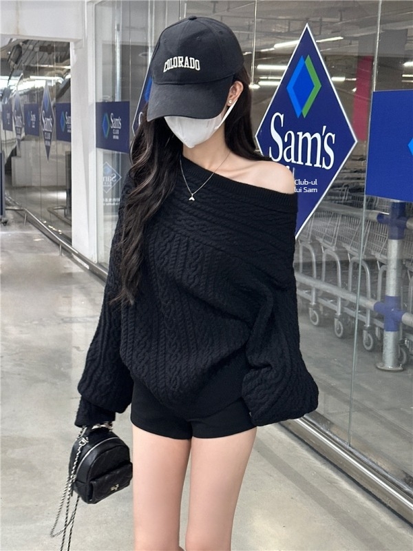 Pulover tricotat cu un umăr pentru femei - mâneci lungi, fibre acrilice, model solid, croială dreaptă