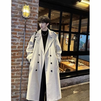 Palton bărbătesc din poliester, închidere dublă, guler în stil sacou, lungime medie, croială lejeră