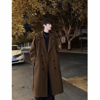 Palton bărbătesc din poliester, închidere dublă, guler în stil sacou, lungime medie, croială lejeră