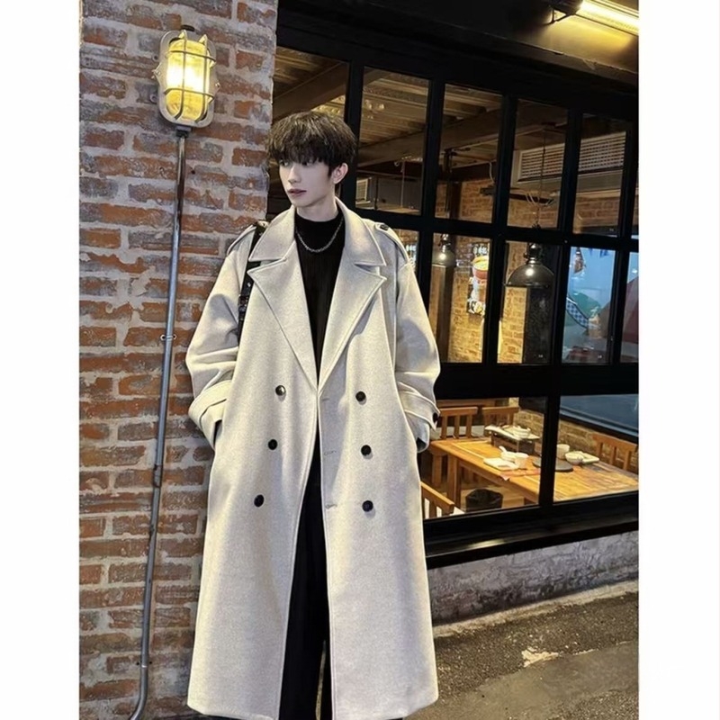 Palton bărbătesc din poliester, închidere dublă, guler în stil sacou, lungime medie, croială lejeră