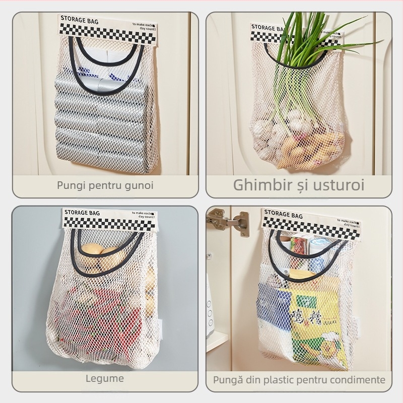Geantă de depozitare pentru bucătărie montată pe perete A8 – formă cub, plasă elastică, organizare multifuncțională în bucătărie
