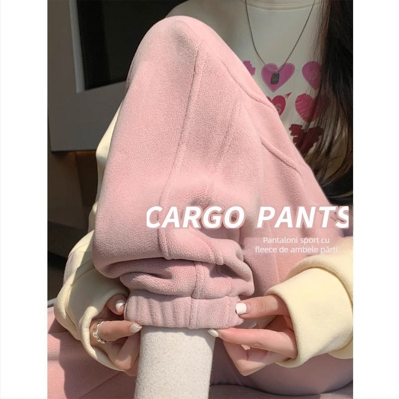 Pantaloni trening cu fleece dublu căptușiți, talie înaltă, croială lejeră, stil Haarem