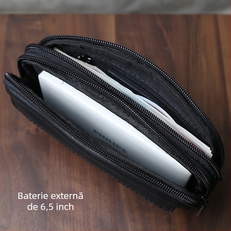 Geantă de talie pentru bărbați din piele naturală, primul strat de piele, compartimente multiple, căptușeală din poliester