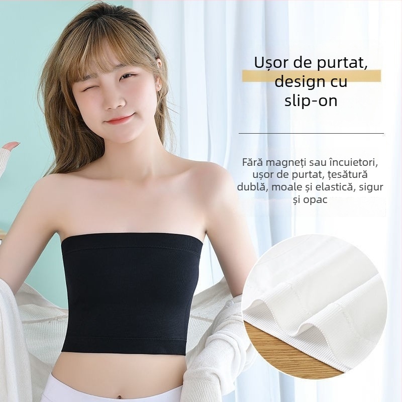 Top fără bretele, fără cusături pentru femei – țesătură din nailon cu fibră rib, 95% nailon