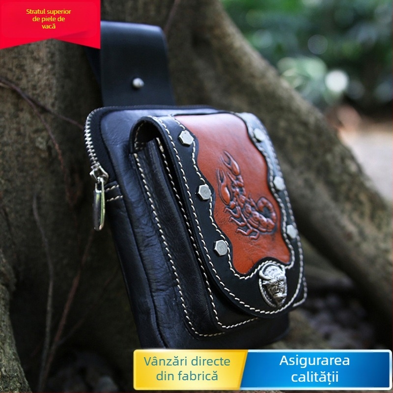 Geantă de talie pentru bărbați, din piele naturală de vițel, siluetă verticală pătrată mini, închidere cu fermoar și magnet, model 16102