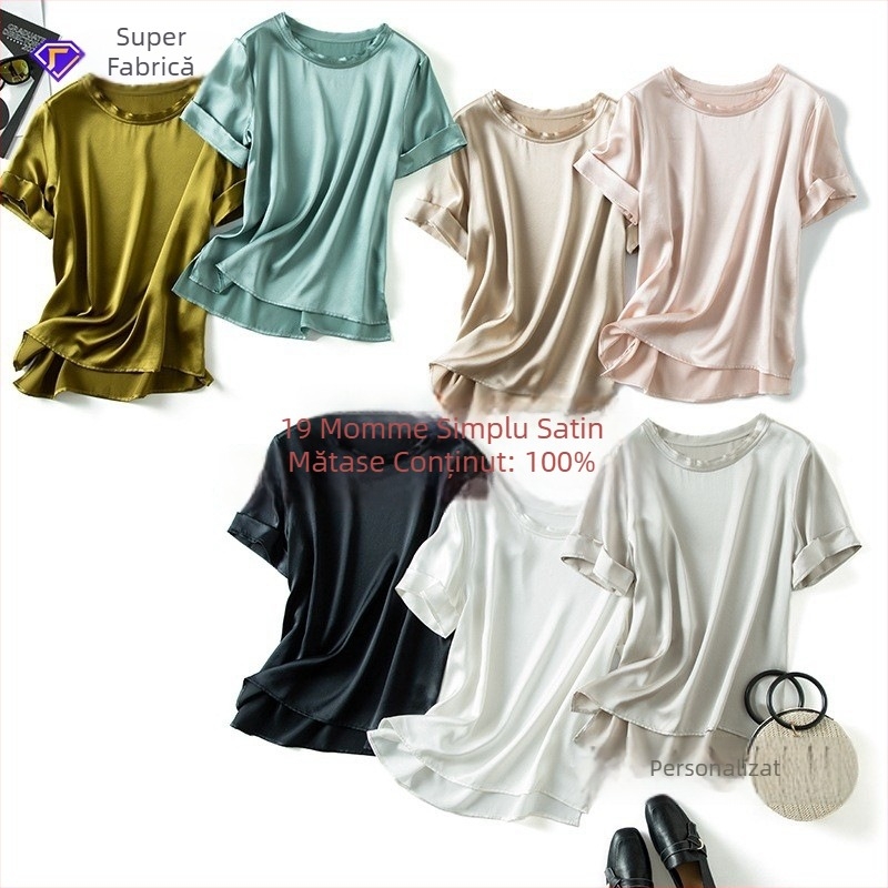 Tricou din mătase Mulberry pentru femei, croială lejeră, mâneci scurte, guler rotund, uni, lungime normală (50–65 cm)