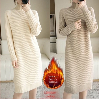 Rochie-pulover din tricot gros cu guler mock neck, mâneci lungi, croială lejeră, poliester, toamna 2023